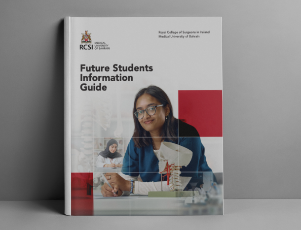 Front cover of the RCSI Medical University of Bahrain Future Students Information Guide.