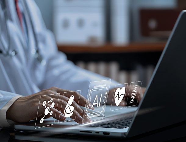 Doctor in white coat uses AI