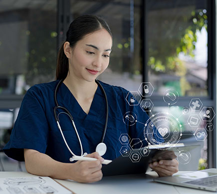 A doctor working at a desk with graphical overlay of icons indicating various medical themes.