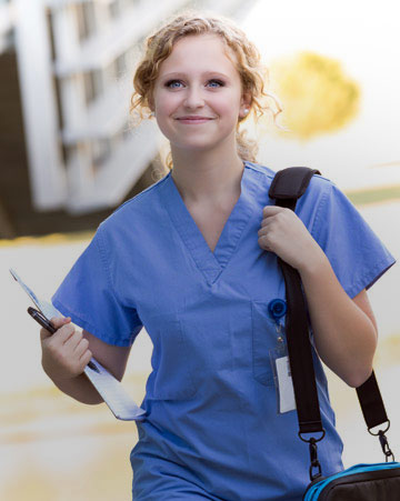 Nursing or medical student walking to class on hospital campus