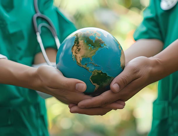 Two medical professionals hold a miniature globe