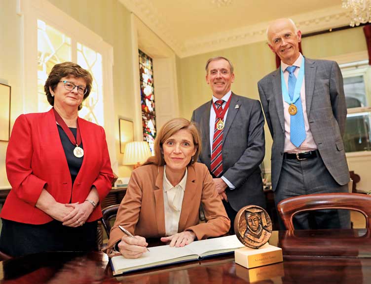 Prof. Hannah McGee, Dean of the Faculty of Medicine & Health Sciences, RCSI; Former US Ambassador to the UN Samantha Power; Kenneth Mealy, President of RCSI and Prof Cathal Kelly, RCSI. Prof. Hannah McGee, Dean of the Faculty of Medicine & Health Sciences, RCSI; Former US Ambassador to the UN Samantha Power; Kenneth Mealy, President of RCSI and Prof Cathal Kelly, RCSI.