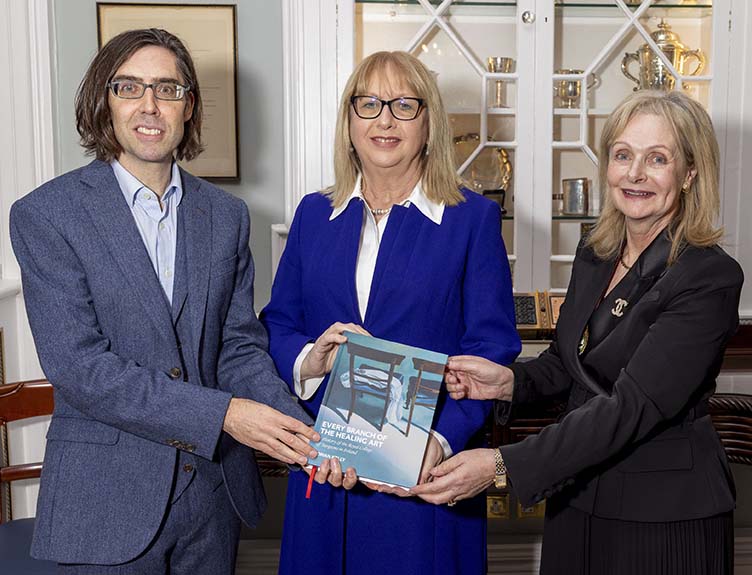 Every Branch of the Healing Art launch Photo of Dr Ronan Kelly, author; Dr Mary McAleese, former President of Ireland; and Professor Laura Viani, President of RCSI at the launch of Every Branch of the Healing Art.