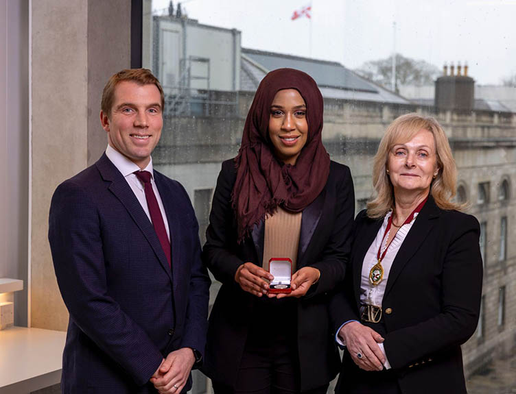Ahmed group L-R Mr Sandy Philips, Marketing Director – ETHICON, Johnson & Johnson UK and Ireland, PROGRESS Women in Surgery Fellowship awardee Ms Ola Ahmed and RCSI President Professor Laura Viani