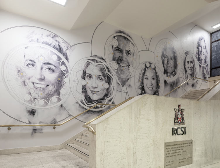 Alumni Awards Art Commission Large-scale mural on the wall overlooking foyer