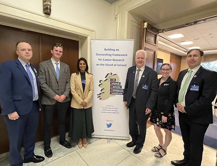 Cancer Consortium L-R: Prof. William Gallagher (University College Dublin and Co-Lead, AICRI); Quinn Ritchie (Legislative Director for US Congressman Mike Kelly, Co-Chair, US Congressional Cancer Caucus); Prof. Jarushka Naidoo (Beaumont RCSI Cancer Centre and AICRI Principal Investigator); Prof. Mark Lawler (Queen's University Belfast and Co-Lead, AICRI); Jessica Burnell (Legislative Director of the Office of the 26th District of New York); and Ciaran Briscoe (CEO, North East Cancer Research and Education Trust and AICRI Director of Development).