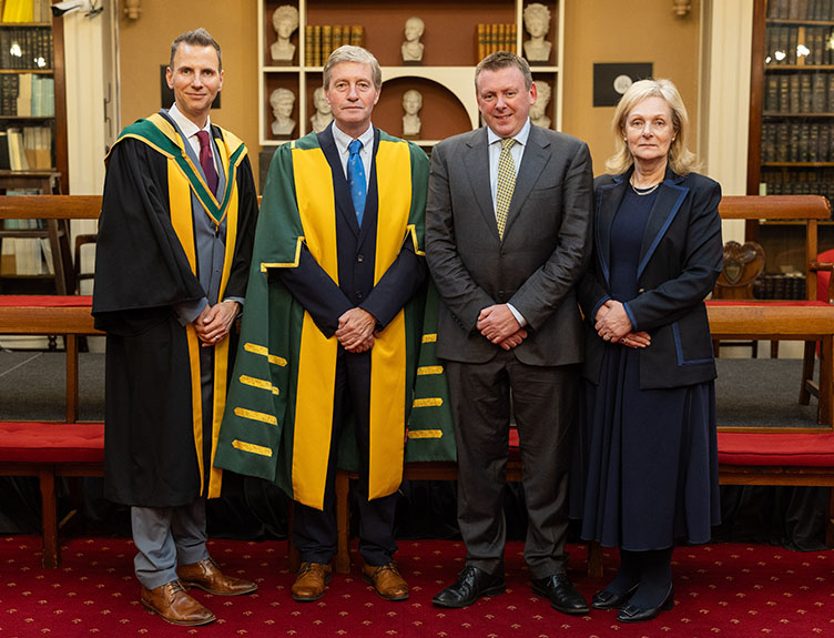 Henshall MRIA Professor David Henshall, Professor of Molecular Physiology and Neuroscience at RCSI and Director of the SFI FutureNeuro Research Centre; Pat Guiry, President of the Royal Irish Academy; Professor Fergal O'Brien, Deputy Vice Chancellor for Research & Innovation, RCSI, and President Laura Viani, President, RCSI.