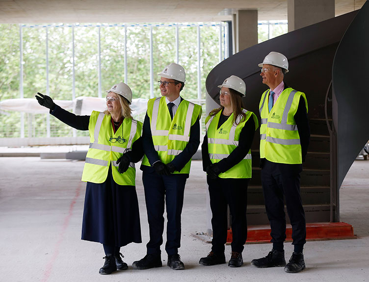 Topping out ceremony L-R: Professor Laura Viani, RCSI President; Minister Patrick O'Donovan TD, Minister for Further and Higher Education, Research, Innovation and Science; Professor Deborah McNamara, Vice-President, RCSI; Professor Cathal Kelly, Vice Chancellor and CEO/Registrar, RCSI.