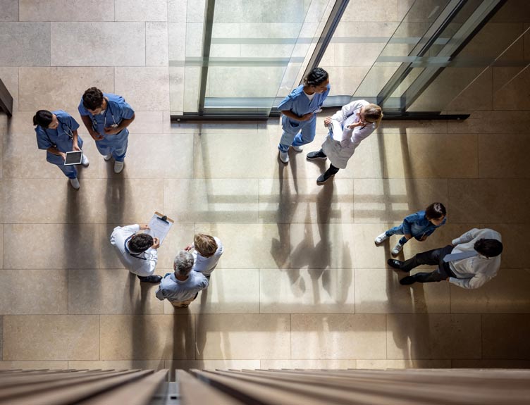 Busy entrance hall at the hospital