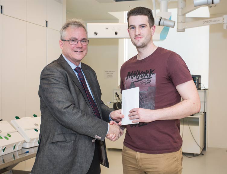 Professor Ronan O’Connell, Vice-President of RCSI, congratulates Ciarán Nannery from the University of Limerick who was the overall winner of the 2019 National Surgical Skills Competition Professor Ronan O’Connell, Vice-President of RCSI, congratulates Ciarán Nannery from the University of Limerick who was the overall winner of the 2019 National Surgical Skills Competition